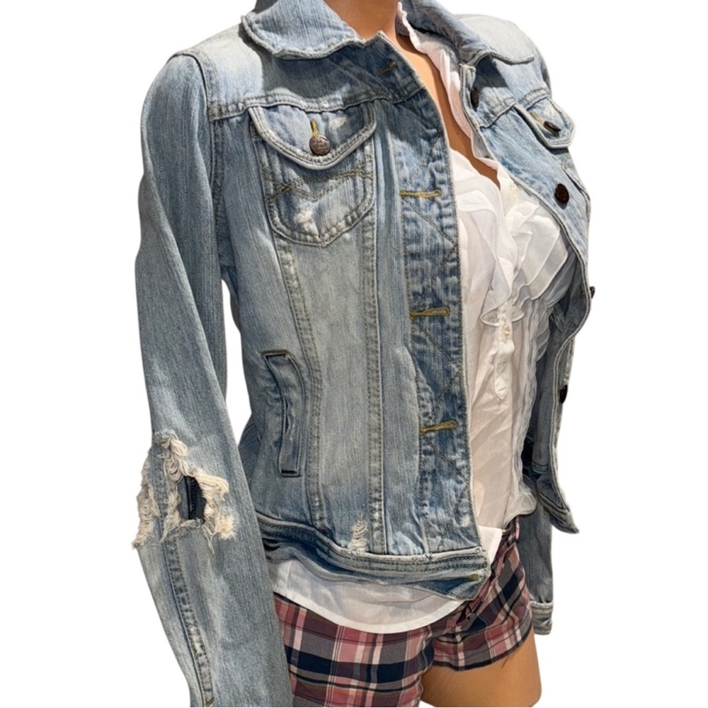 Y2K vintage Abercrombie & Fitch trucker distressed Light Blue Denim Jacket - Picture 4 of 16